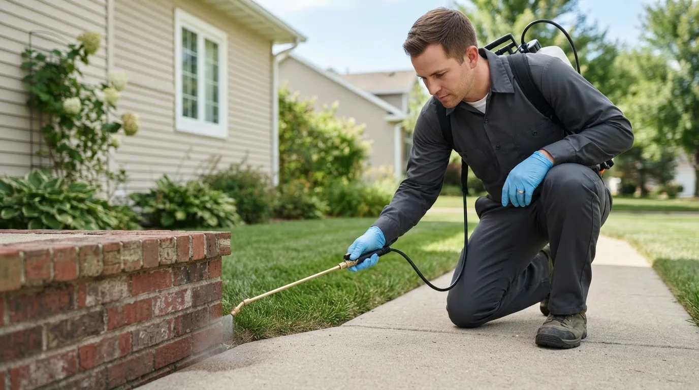 Pest control technician treating a home near Dellroy, OH