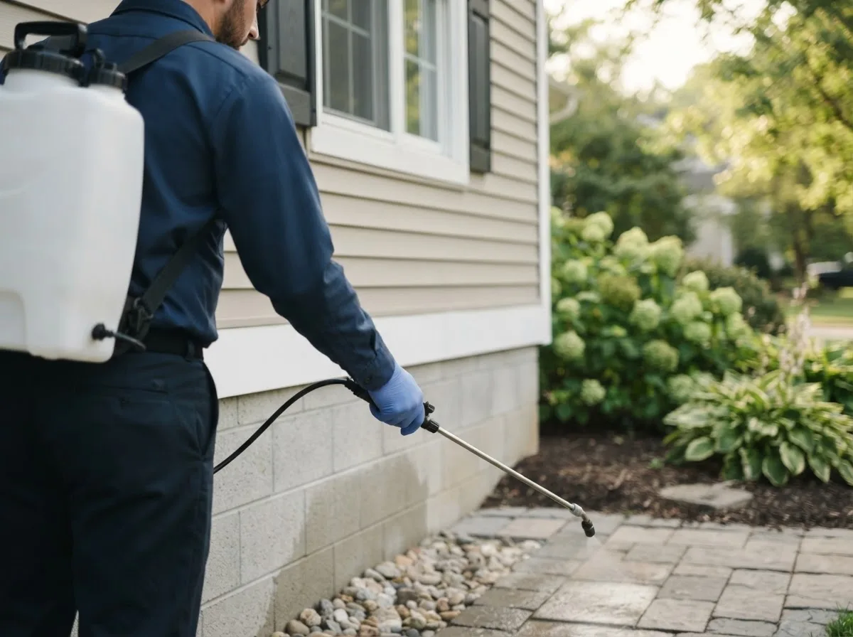 Pest control technician inspecting a home in Dellroy, OH